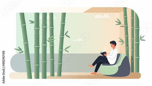 Person relaxing in beanbag chair by bamboo, reading a book and holding coffee