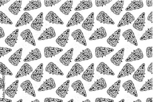 Doodle pizza slices pattern background. Doodle pizza slices pattern design. Seamless pattern of pizza slice outline. Doodle fast food pattern background.