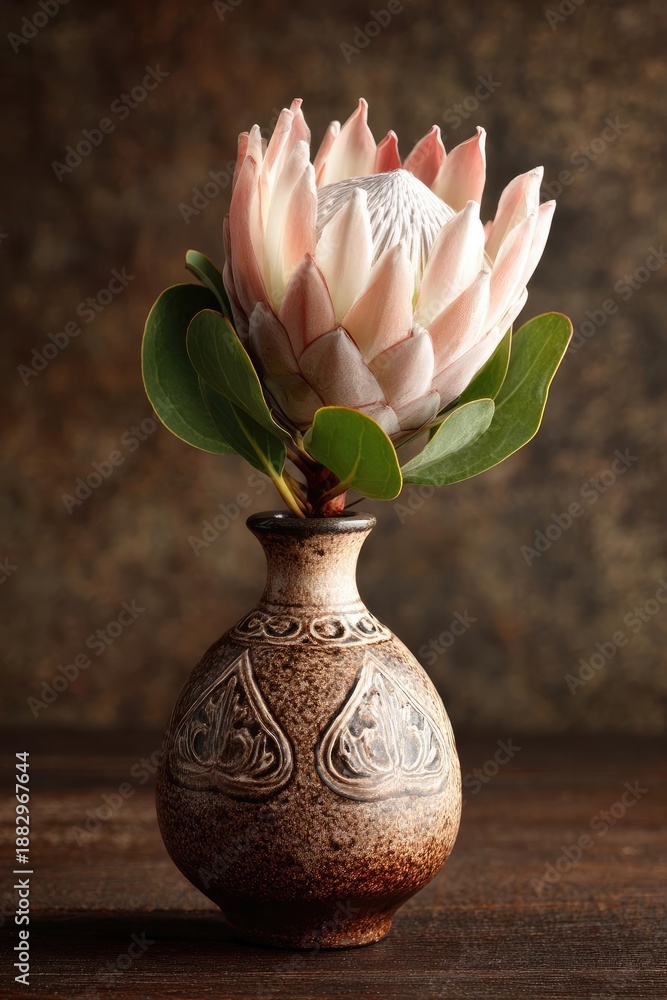 Fototapeta premium A pink protea bloom in a textured brown ceramic vase on a dark wooden table. Concept Pink protea bloom, Textured brown ceramic vase, Dark wooden table, Floral still life, Minimalist tabletop decor