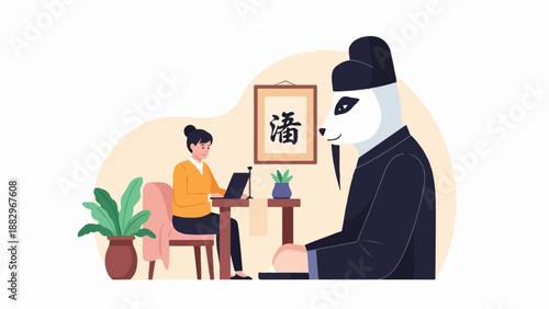 Person at desk with laptop, facing a panda in traditional attire