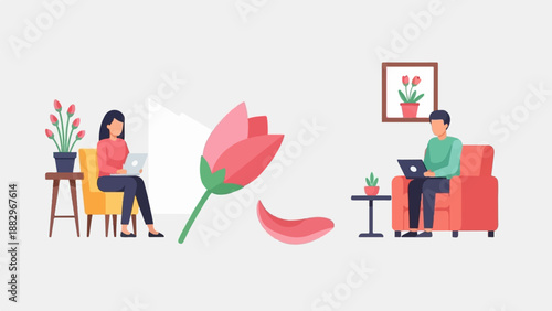 People working on laptops in a room with floral decor