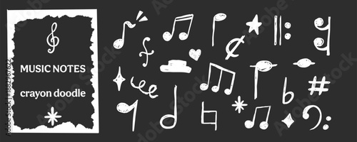 Music notes crayon chalk pencil elements set on dark background in sketch style. Back to school grunge texture. Whimsical music symbols, signs design element. Border 