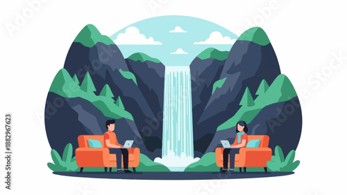 People working on laptops in cozy chairs near a waterfall