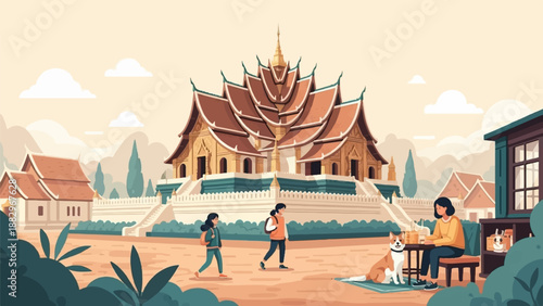 Pixel art scene depicts a serene courtyard with a temple, people, and a dog