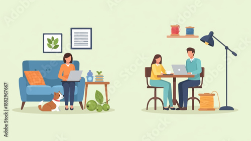 People working on laptops in different settings, one at home with dog, one at cafe