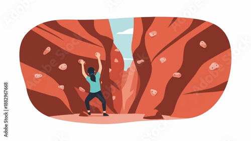 Person climbing an indoor rock wall with holds against a sky backdrop