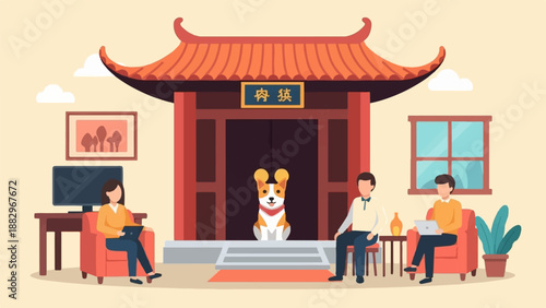 Pixel art scene of a corgi waiting at a temple entrance with people relaxing nearby