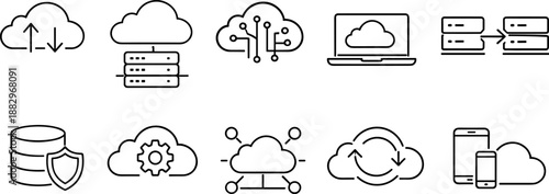 Cloud computing icons set. Upload, download, data storage, security and network outline symbols