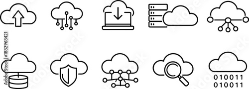Cloud computing icons set. Upload, download, data storage, security and network outline symbols