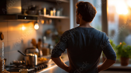 Faceless man standing in kitchen at sunrise, mindful eating and lifestyle change concept, calm morning routine healthy living, defocused person, with copy space