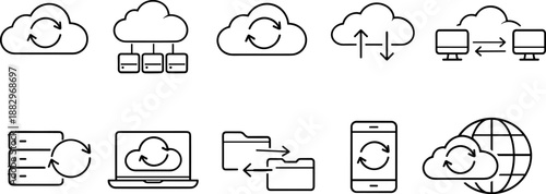 Cloud computing icons set. Upload, download, data storage, security and network outline symbols