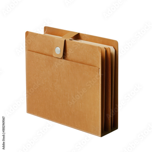 Brown cardboard accordion file folder with snap button closure isolated on Transparent Background