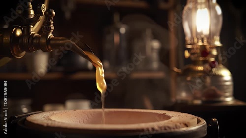 Steampunk Laboratory Pouring Golden Liquid From Ornate Tap Near Old Oil Lamp