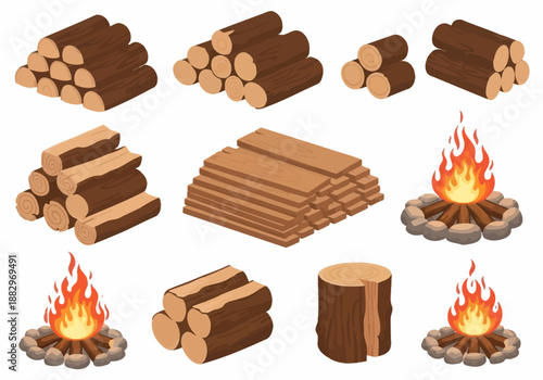 Firewood and Campfire Cartoon Set – Wood Logs Flat Vector Illustration