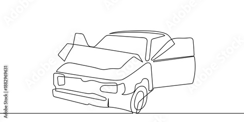 A continuous artistic line a wrecked, accident-damaged car. One line drawing minimalist Editable stroke.