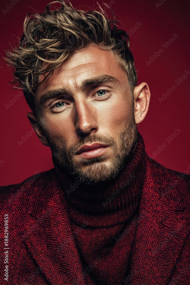 Fototapeta premium Close-up portrait of a man with blonde hair and blue eyes, wearing a burgundy knit turtleneck and blazer, against a red background. Concept Close-up portrait, Blonde hair and blue eyes