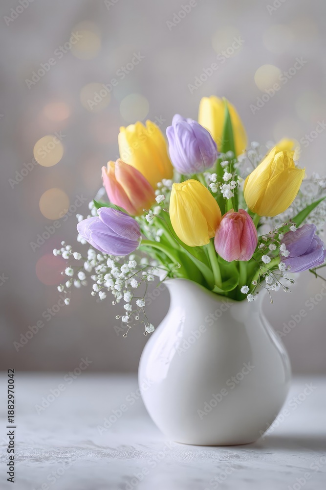 Obraz premium A white ceramic vase holds a bouquet of yellow, purple, and pink tulips with baby's breath. Concept White ceramic vase, Tulip bouquet, Yellow purple pink tulips, Baby's breath, Spring flowers