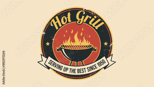 Classic retro style barbecue grill logo design, featuring vibrant flames, ideal for traditional restaurants, food trucks, and businesses offering delicious grilled cuisine