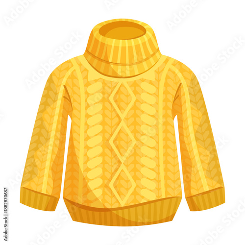 Warm yellow turtleneck sweater with cable-knit design, cartoon style, isolated on white background. Concept of winter clothing. Vector illustration