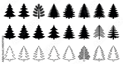 Black and White Tree Vector Illustration Set Featuring Minimalist Nature and Botanical Art Elements