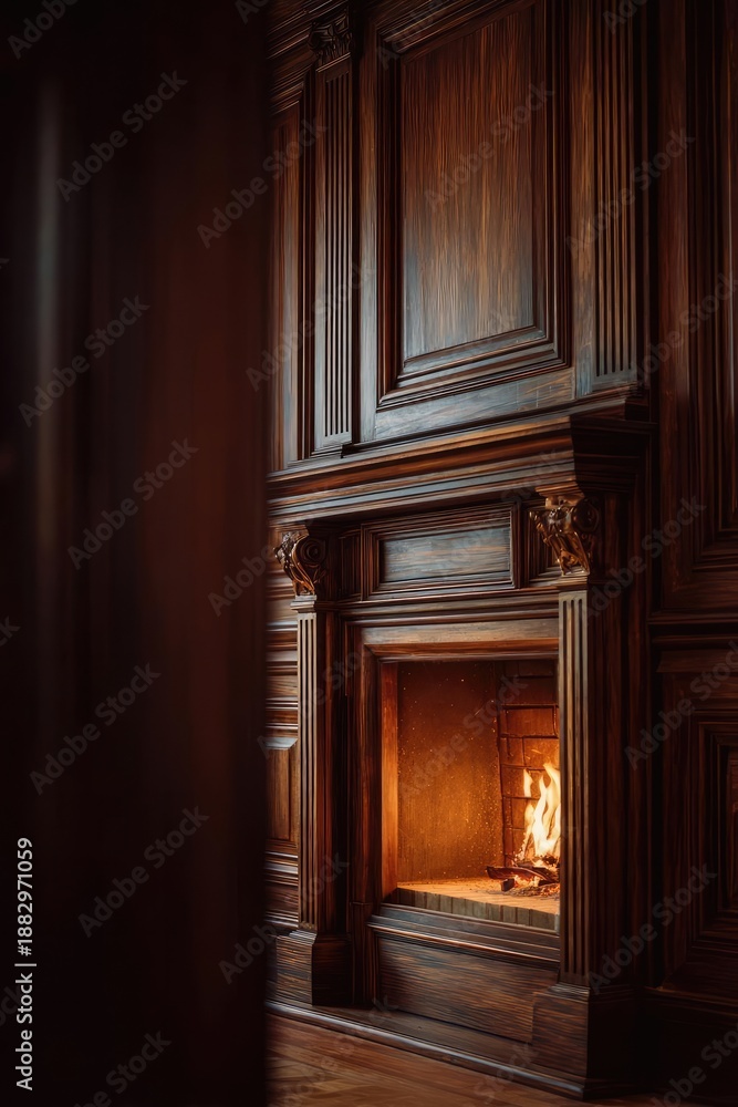 Fototapeta premium Ornate dark wood paneling surrounds a carved fireplace with a warm fire burning. Concept Cozy Fireside, Ornate Wood Paneling, Carved Fireplace, Warm Ambience, Elegant Interiors
