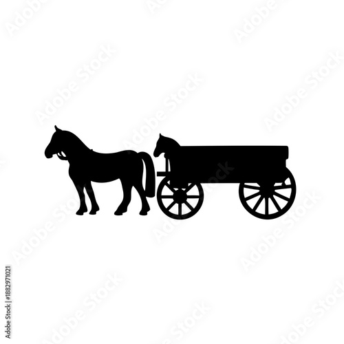 black silhouette of horse drawn carriage on white background