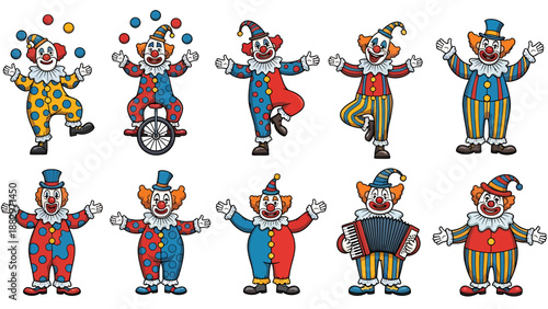 Cheerful vector collection of diverse cartoon circus clowns in vibrant costumes, performing various amusing acts like juggling, unicycling, and playing music, perfect for festive entertainment themes