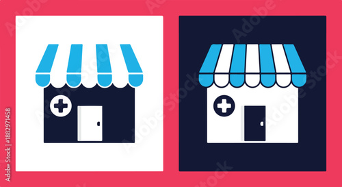 Two storefronts with blue awnings