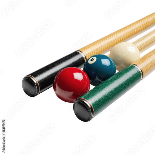 Pool cues and balls rest on a table in a game room during the afternoon