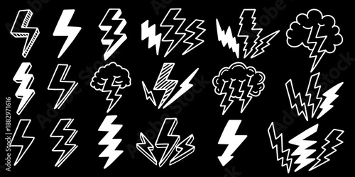 Set and collection of hand drawn lightning bolt doodles and thunder icons isolated on black background