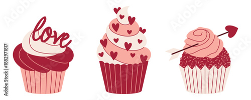 Decorated Valentine Cupcakes Set with Hearts, Love Topper and Cupid's Bow and Arrow