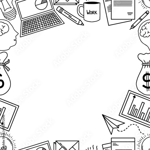 Black and white illustration of business and finance doodle icons arranged in a circular pattern. Business and workspace doodle border frame vector
