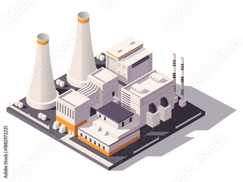 Large industrial power plant with chimneys and multiple buildings in isometric style on white background. Concept of energy production. Vector illustration