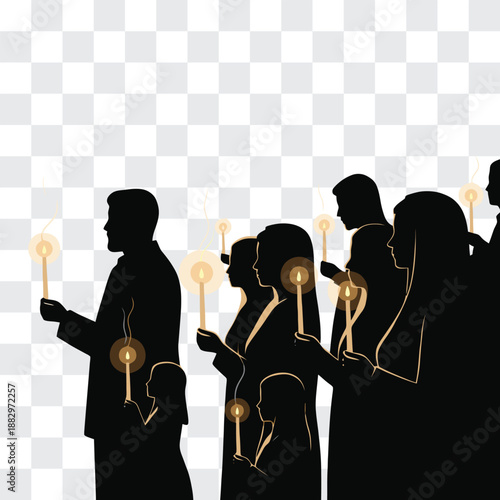 Orthodox Easter Vigil Silhouette with Candle Holding Believers in Darkened Church Minimalist