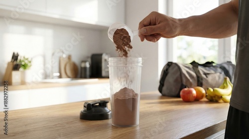 Healthy lifestyle concept,man preparing protein shake in modern kitchen with gym bag and fresh fruits in background