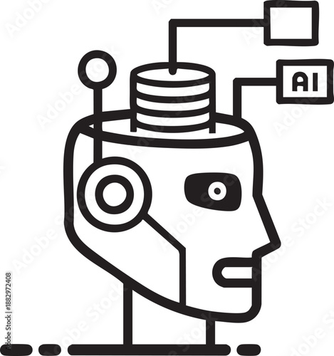 Robot head profile with data connection wires and ai blocks representing neural networks and machine learning processing.