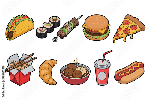 Food and Drink Icon Set featuring fast food, snacks, and beverages in a modern filled style