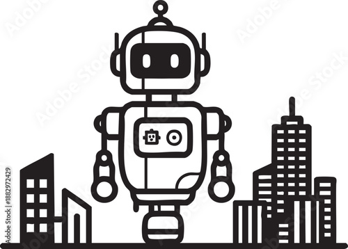 Robot character standing in front of a city skyline representing smart city infrastructure and urban automation technology.
