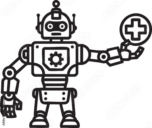Mechanical robot character holding a medical cross symbol to represent healthcare automation and robotic surgery assistants.
