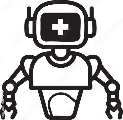 Friendly medical robot assistant with a cross on its screen representing virtual health diagnostics and telemedicine.