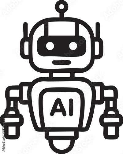 Cute small robot character with ai lettering on its chest representing a friendly artificial intelligence assistant.
