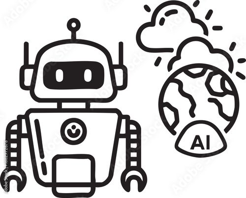 Robot standing next to a globe and clouds representing global artificial intelligence and climate monitoring technology.