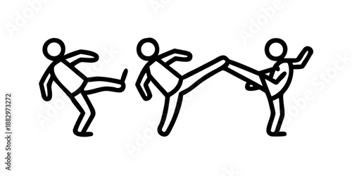 Three minimalist figures demonstrate the progression of a powerful martial arts kick blocking an opponent's attack in a stylized combat sequence.