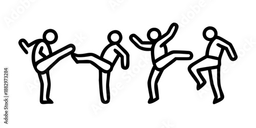 Group of four abstract human shapes illustrates various high-kicking stances used in dance, aerobics, or stylized combat training exercises.