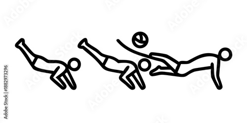 Stick figures illustrate the sequential movements of a defensive dive and save in a dynamic volleyball play against an incoming ball.