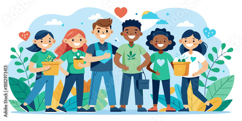 A diverse group of happy young adults stands together holding potted seedlings, representing environmental stewardship and teamwork.