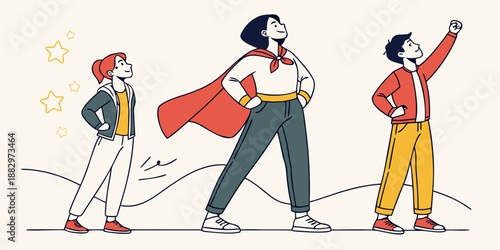Three diverse figures stand confidently in a line, symbolizing growth, mentorship, and superhero potential for future success.