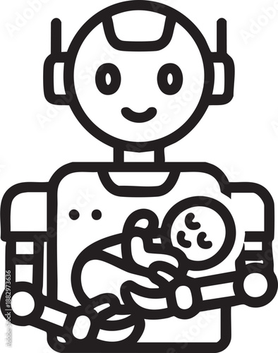 Futuristic robot nanny holding a human baby representing caregiving and domestic automation.