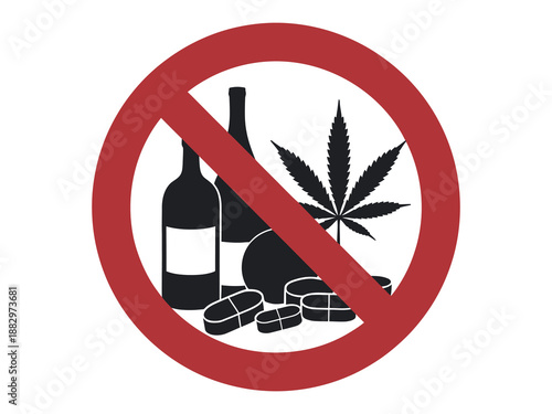 Red Prohibition Sign Vector Featuring Alcohol Bottle, Marijuana Leaf, and Pills Symbolizing No Drugs and Substance Abuse Prevention