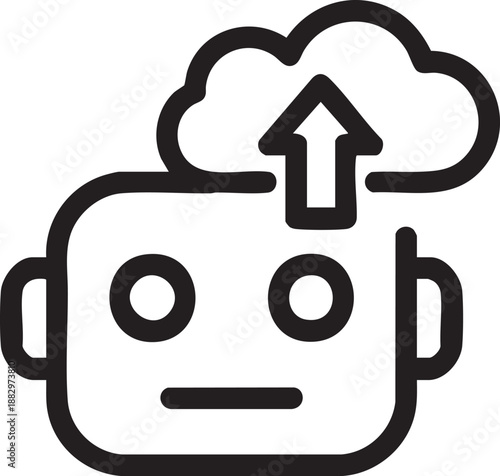 Robot head icon with cloud upload arrow representing artificial intelligence data storage and cloud computing services.